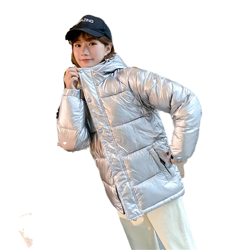 

Fashion Korea New Winter Outwear Women Elegant Silver Cotton Parka Ladies Jacket Coat Hooded Pockets Warm Thick Pocket Jacket
