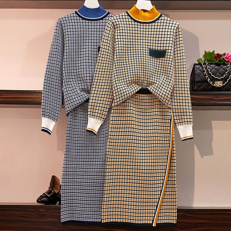 Осень, вязанный клетчатый комплект из двух предметов, Женский Вязанный свитер с длинным рукавом, топ, юбка, костюмы, элегантный корейский женский комплект желтого цвета
