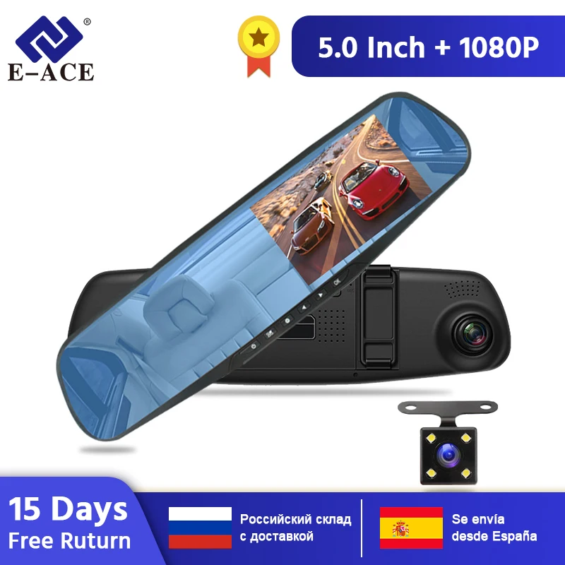 

E-ACE Car DVR Mirror Dash Camera Dual Lens Video Recorder With Rear View Camera FHD 1080P Auto Registrar Car camera Dashcam
