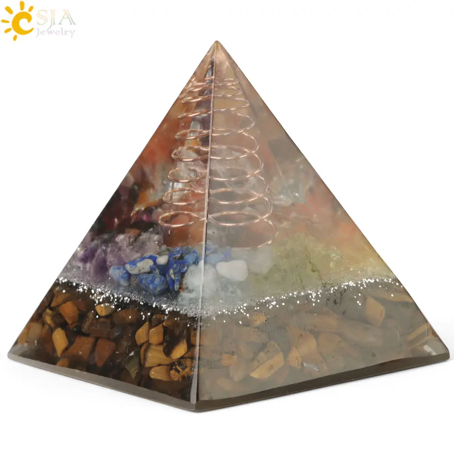 Csja 49x49 мм Orgone Пирамида Orgonite конвертер энергии природный гравий Chakra Смола металлическая спираль заживление удача украшение дома G258 - Цвет: Tiger Eye