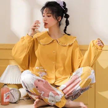 

Women Pajamas Set Spring Autumn 100% Cotton Printed Ms Pajamas Loose Long Sleeve Sleepwear Pajamas Suit Casual Homewear Femme