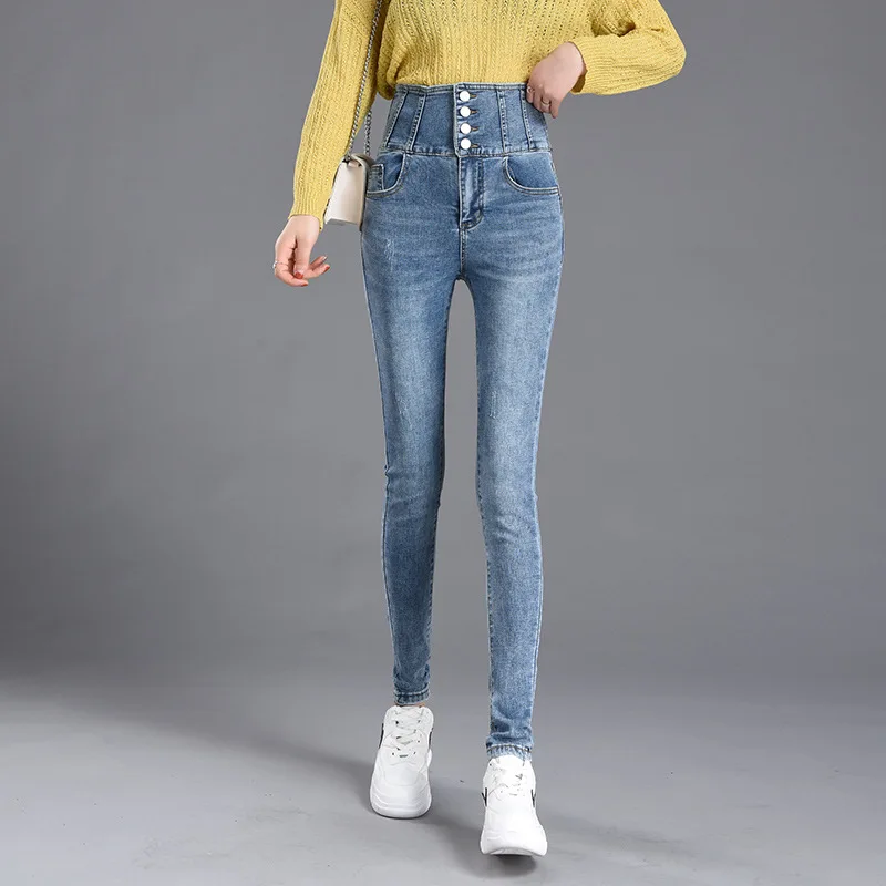 Jeans woman Pencil Pants High Waist Slim Stretch Four Breasted Jeans Women 2020 Summer