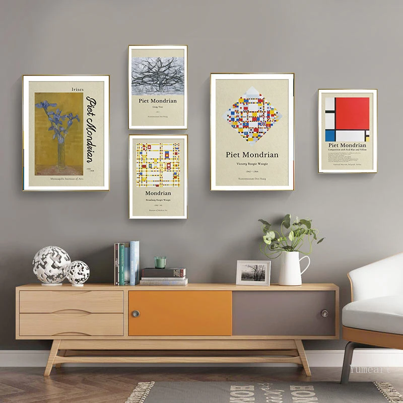Piet Mondrian World Famous Geometric Grey Tree Irises Exhibition Poster Stampe Canvas Painting Wall Art Pictures Decorazione Della Casa