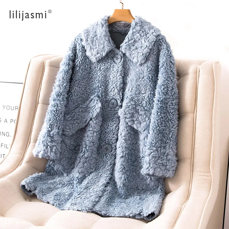 

Women 30% Wool Spun Polar Frizzle Fleece lining Coat Button Turn-down Collar Faux Fur Jacket Coat Winter Advanced Fabric #J167