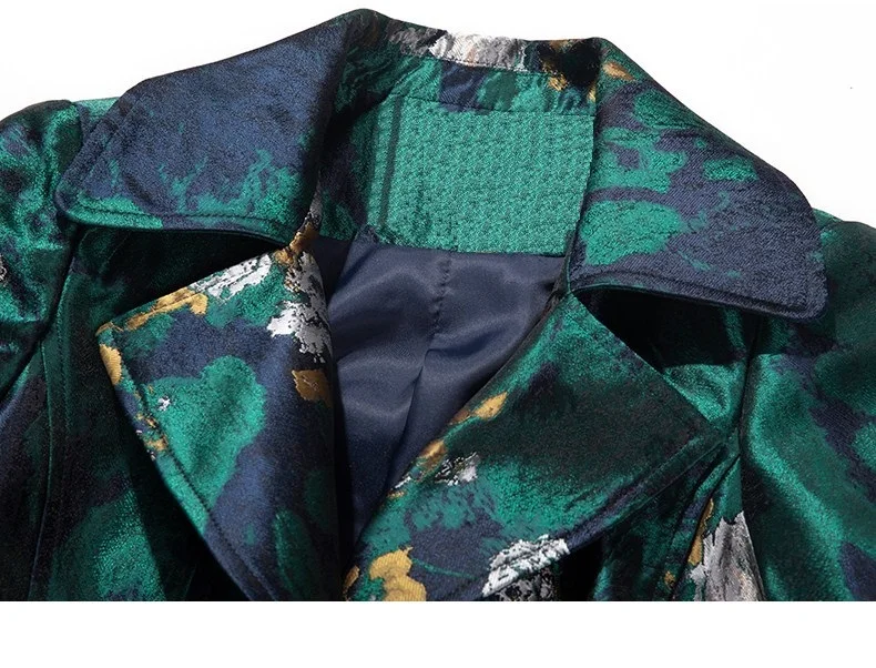 4xl 3xl 2xl Длинные Пальто Тренч весна осень повседневные женские винтажные жаккардовые однобортные зеленые верхняя одежда