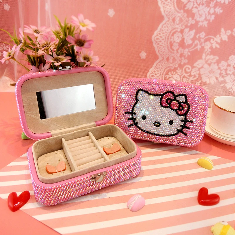 Стразы ручной работы, сумка для ювелирных изделий, милый KT Cat, розовая коробка для хранения, мультяшный косметический Органайзер, органайзер для макияжа, ювелирная коробка, офисный стол