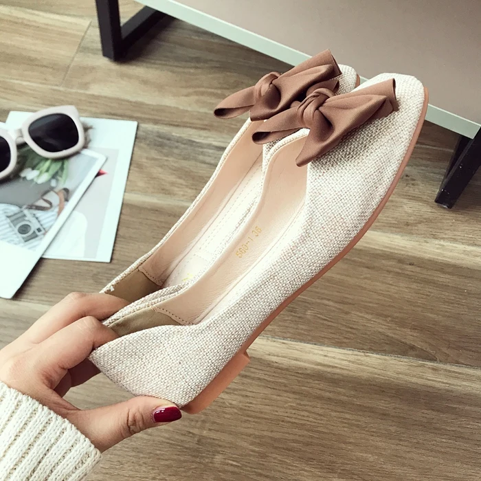 Cloth shallow mouth square head shoes spring and summer new bow flat with flat shoes