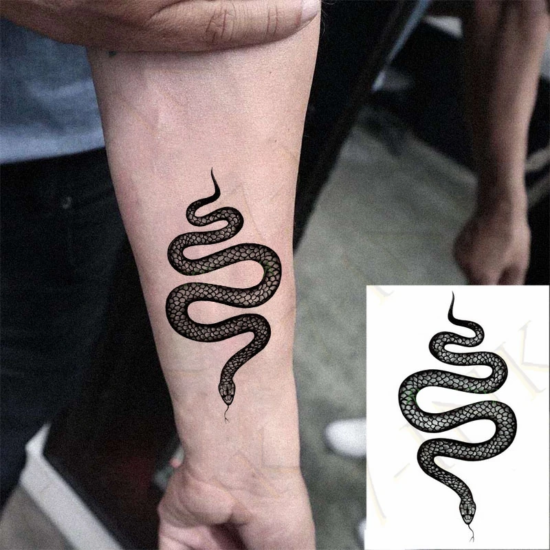 Black and white snake tattoos on the left forearm