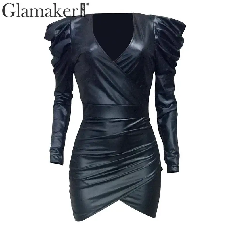 Glamaker с пышными рукавами, v-образным вырезом, кожаное платье, сексуальное осеннее облегающее Плиссированное черное платье из искусственной кожи, Элегантные короткие женские вечерние платья