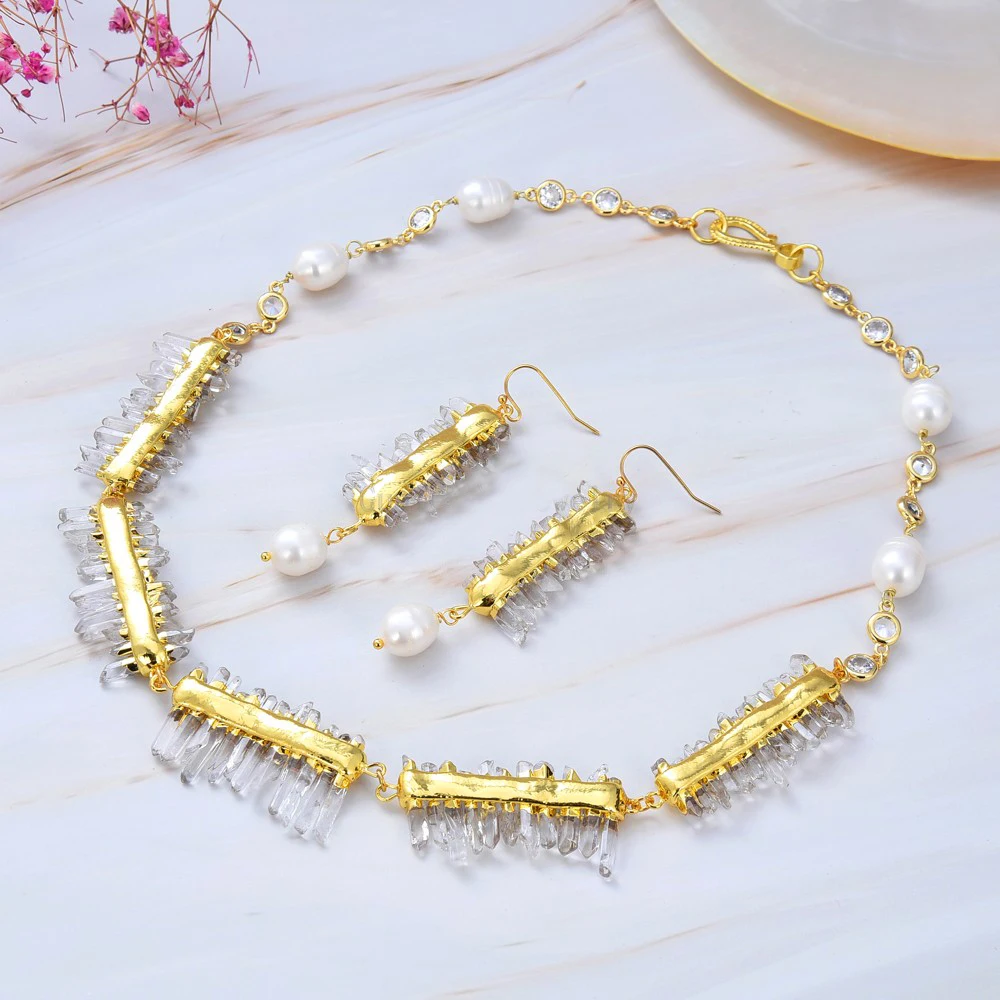 

Jewelry Clear Quartz Druzy White Rice Pearl Necklace Earrings Set 18"