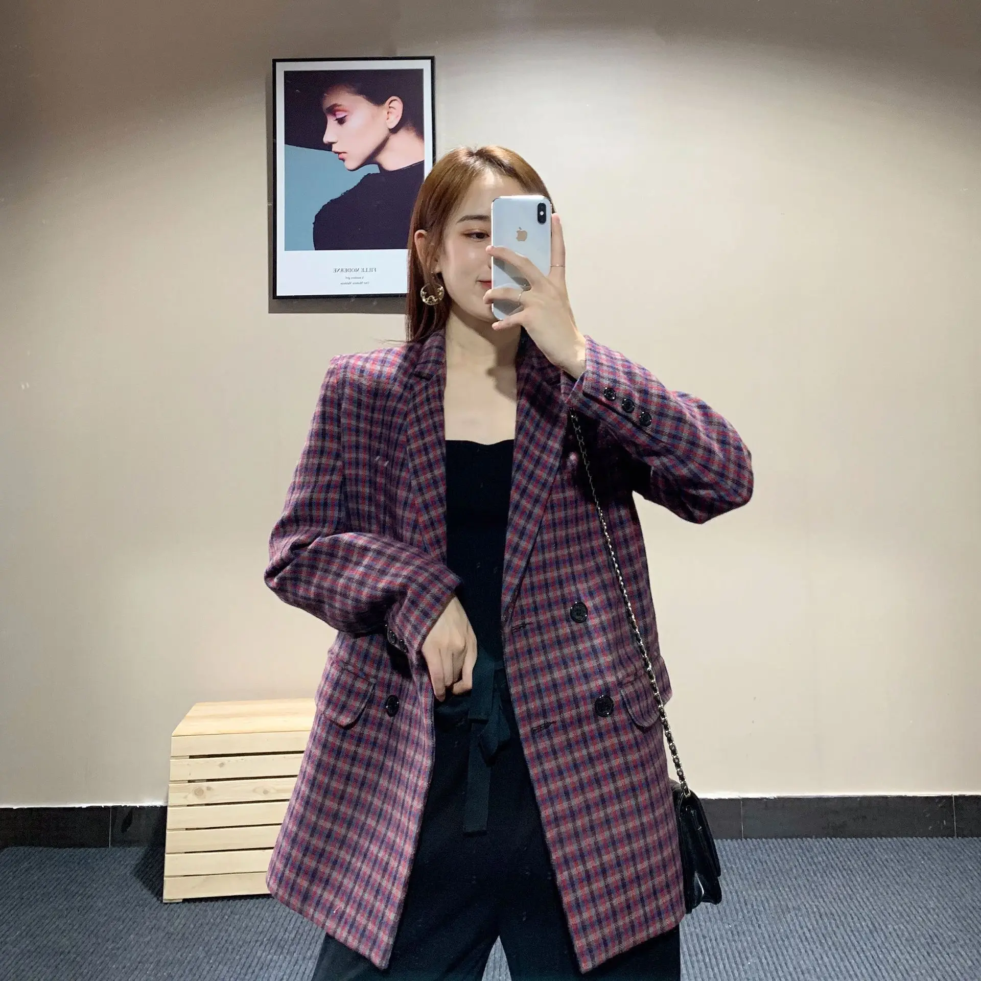 

19 Autumn And Winter New Style Retro England Contrast Color Thousands of Birds Double Breasted Pattern Casual Woolen Suit Jacket