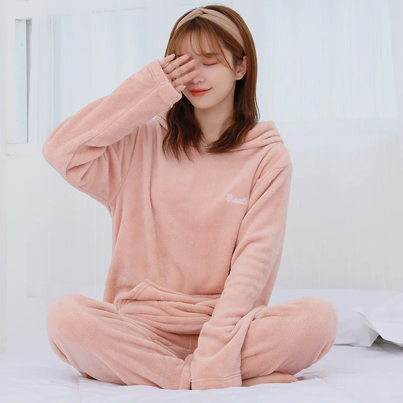 Зимний фланелевый женский пижамный комплект с капюшоном, корейский женский пижамный комплект с длинным рукавом, одноцветные штаны, Осенняя повседневная домашняя одежда для женщин