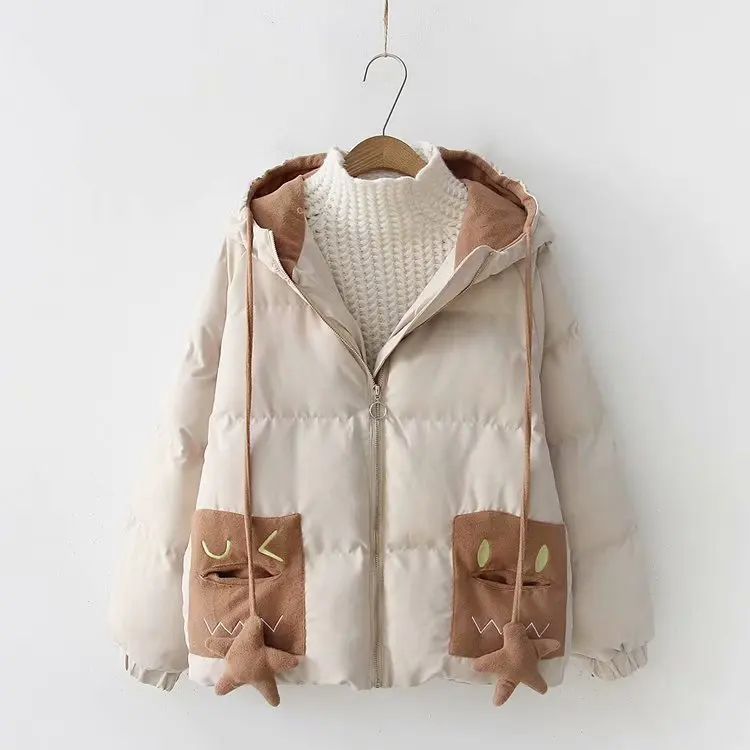 Зимнее женское милое Пальто Harajuku Parkas короткая теплая куртка с капюшоном Повседневная парка