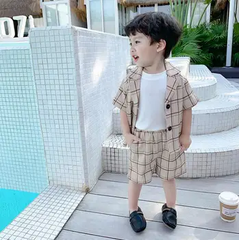 

2020 new boys 2 pcs plaid set shirt+shorts fashion summer cotton boys suit 1-6 years HV541