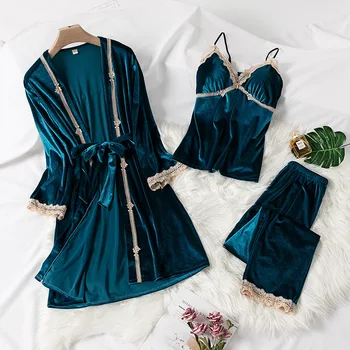 

Velvet Sexy Lace Patchwork Nightwear 3PCS Pajamas Suit Velour Lady Sleepwear Intimate Lingerie Female Sleep Set Home Clothing