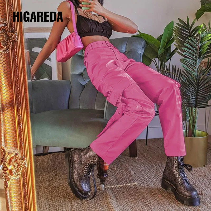 

HIGAREDA Pink Casual High Waist Cargo Pants Women with Sashes Korean Fashion Long Trousers Ladies Pockets Strips High Street