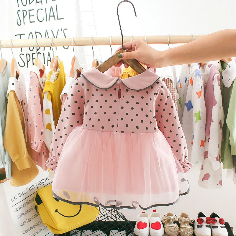 CYSINCOS с длинным рукавом Платье для малышей платье в горошек с круглым вырезом комбинированное Сетчатое платье для новорожденных одежда принцессы платье для девочек для маленьких девочек Костюмы платье-пачка для девочек