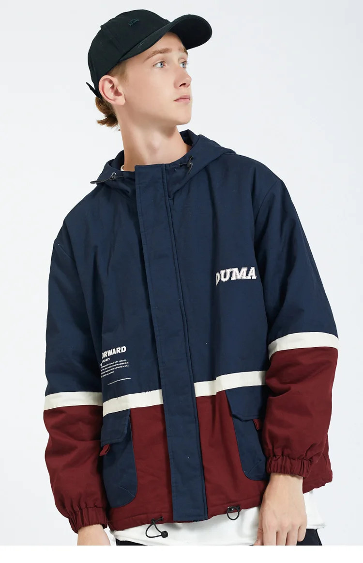 Men Hooded Jacket Parka Retro Color Block Windbreaker Autumn Winter Hip Hop Streetwear Coat Trench Harajuku Outwear Cotton