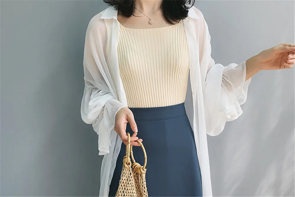 Женская длинная шифоновая блуза Осенняя Солнцезащитная белая длинная блузка женская Высококачественная Свободная блуза Топы Z1076