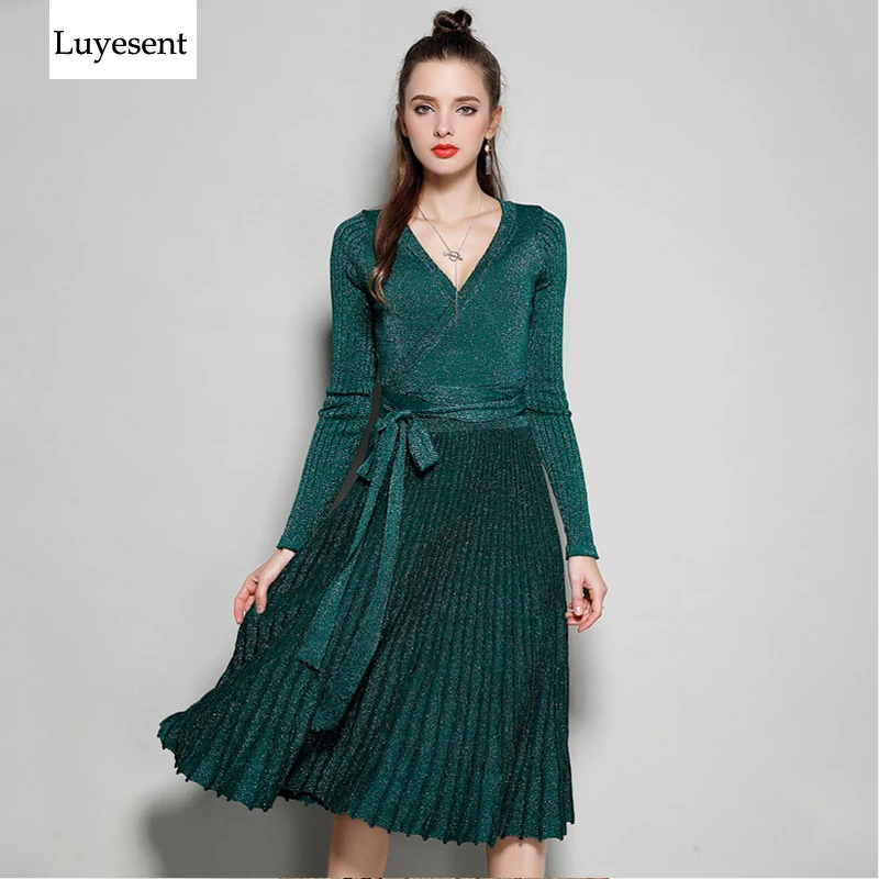 women lurex knit fabric shiner cross V neck pleat Dress tunic fashion flare hem autumn winter lady femme vestidos 2020 Christmas
