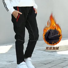 El Monte/ г. Зимние новые стильные джинсовые брюки для мальчиков; плотные джинсы с начесом для больших мальчиков в Корейском стиле