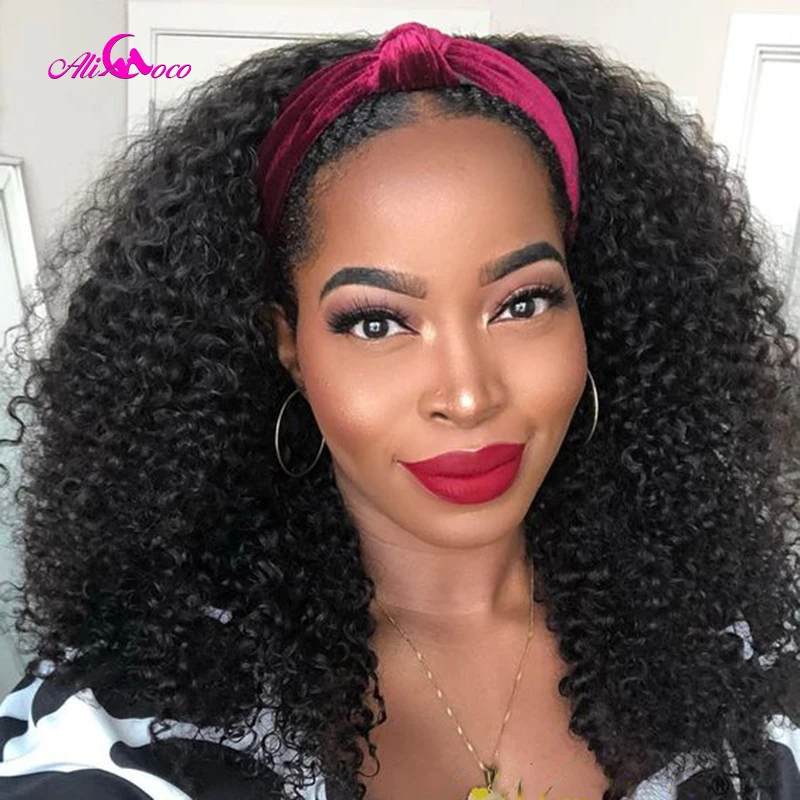 Afro Curl Human Hair Wig For Black Women Chocolate Brown Colored Curly Headband Wig 200 Density Curly Human Hair Wig Ali Coco