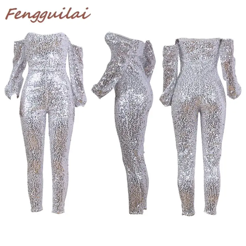 FENGGUILAIWomen модный расшитый блестками комбинезон с открытыми плечами, комбинезоны, Осенняя Клубная одежда, серебристый Облегающий комбинезон с длинным рукавом