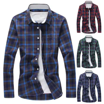 

Plus Size Chic Men Long Sleeve Collar Type Turn Down Collar Collar Pocket Slim Button Plaid Shirt