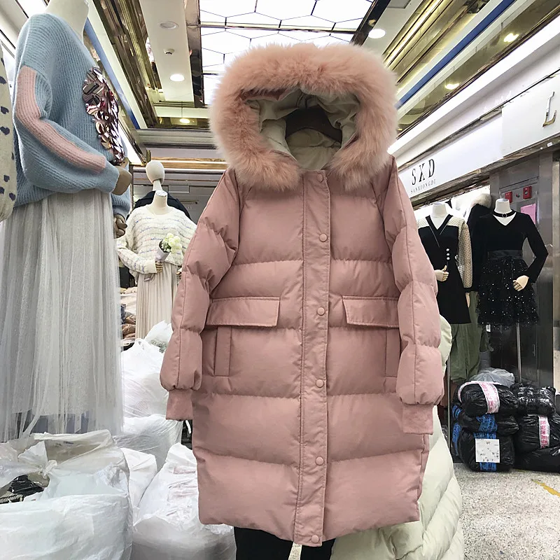 Осенне-зимние женские розовые пуховые хлопковые куртки средней длины, свободные стеганые куртки с меховым воротником и капюшоном, повседневные женские теплые парки