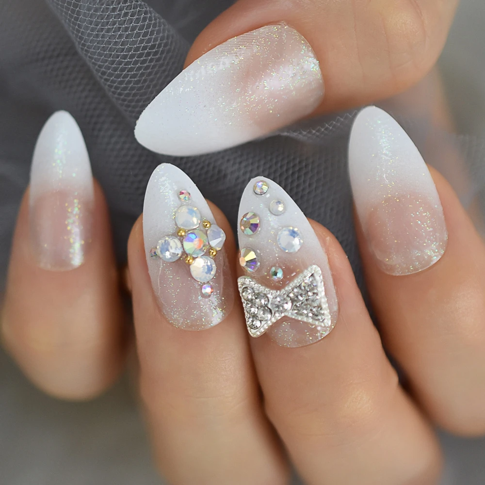 Ombre блестящая искусственная кожа Ongles Белый Французский Типсы шпильки на заказ Deisgner накладные ногти с Стразы Украшение бантом
