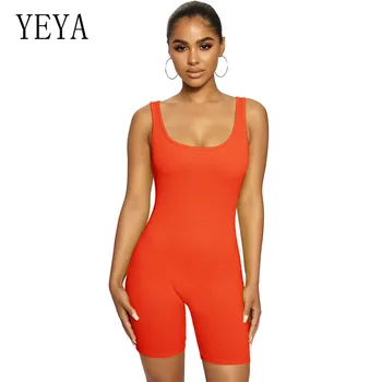 

YEYA Casual Jumpsuit Big Round Neck Sleeveless Cotton Knitted Bodycon Summer Jumpsuit Solid Color Rompers Women Paysuit