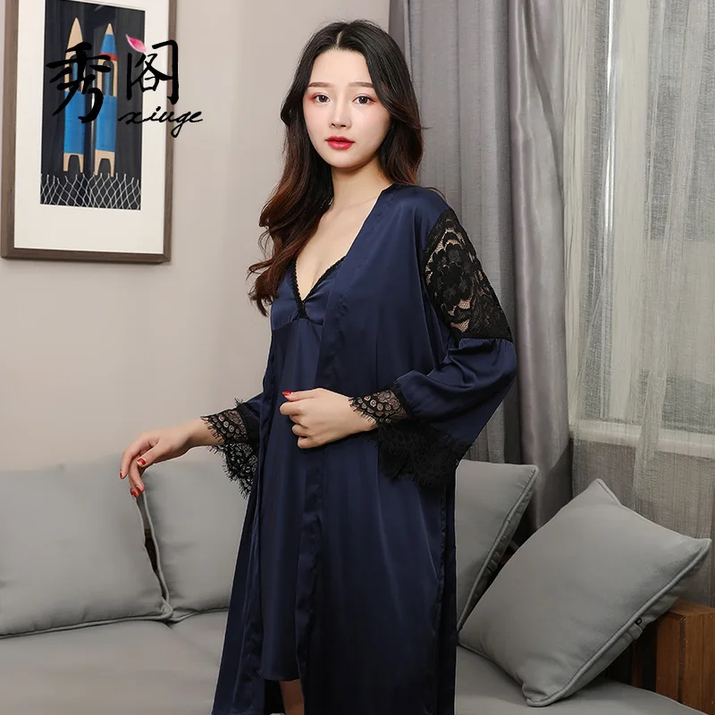

Summer Lace Long Sleeve Two-Piece Set-Viscose Strapped Dress WOMEN'S Pajamas Nightgown with Chest Pad Home Wear