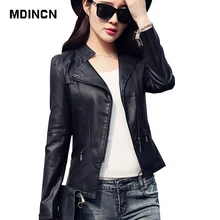 MDINCN тонкая женская куртка весна и осень черные Куртки из искусственной кожи базовое пальто на молнии байкерская куртка с отложным воротником