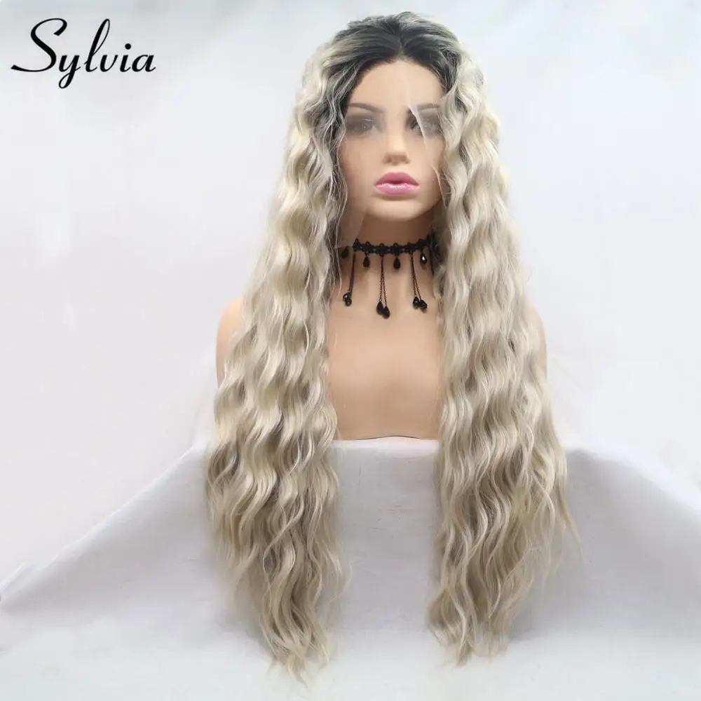 

Sylvia Long Curly Synthetic Blonde Lace Front Wig Dark Root Middle Part Two Tone Heat Resistant Fiber Hair Natural Hairline