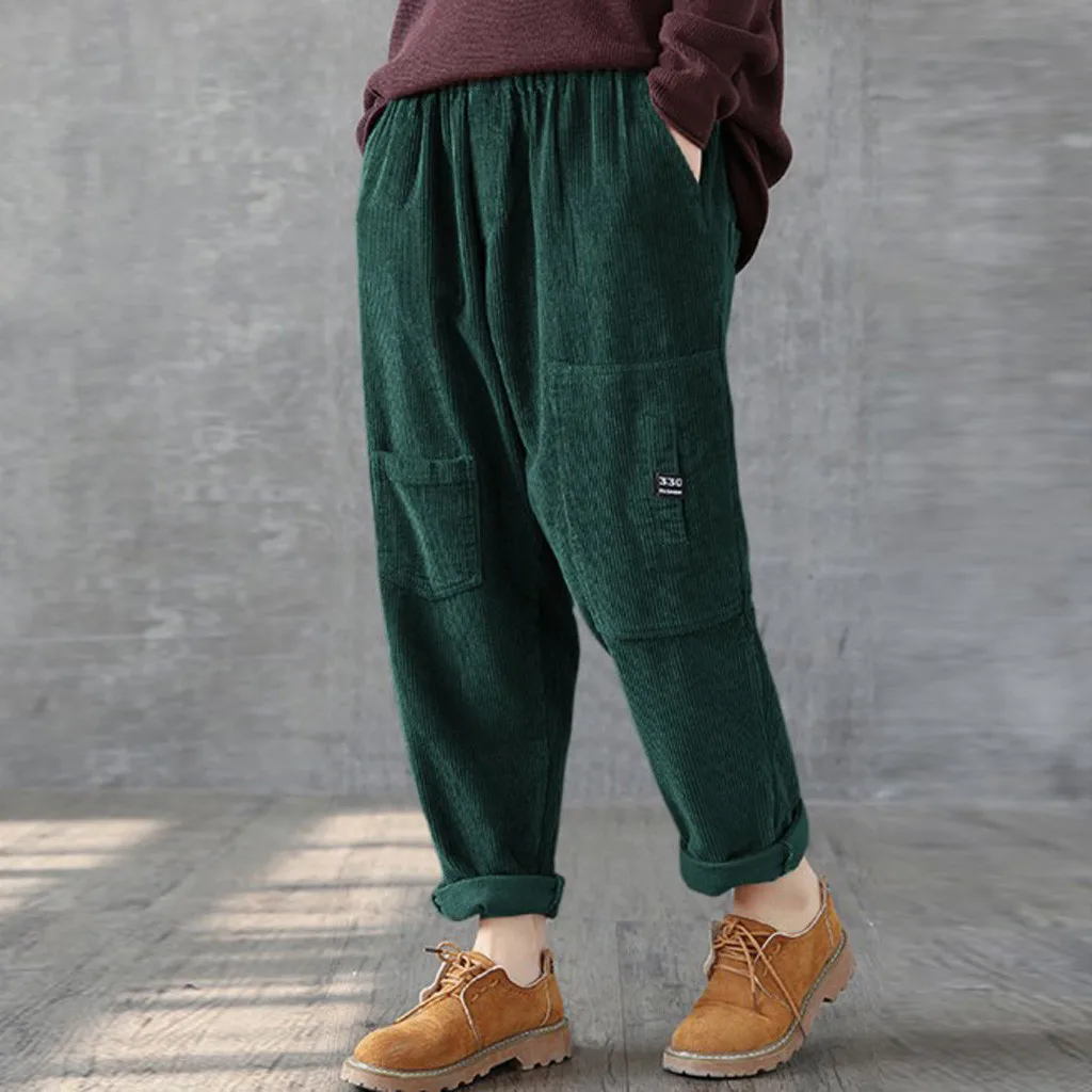 

Fashion Lady Corduroy Multi-Pocket Pants Stretch Waistline Large Size Trousers fleece women pants streetwear pantalones mujer