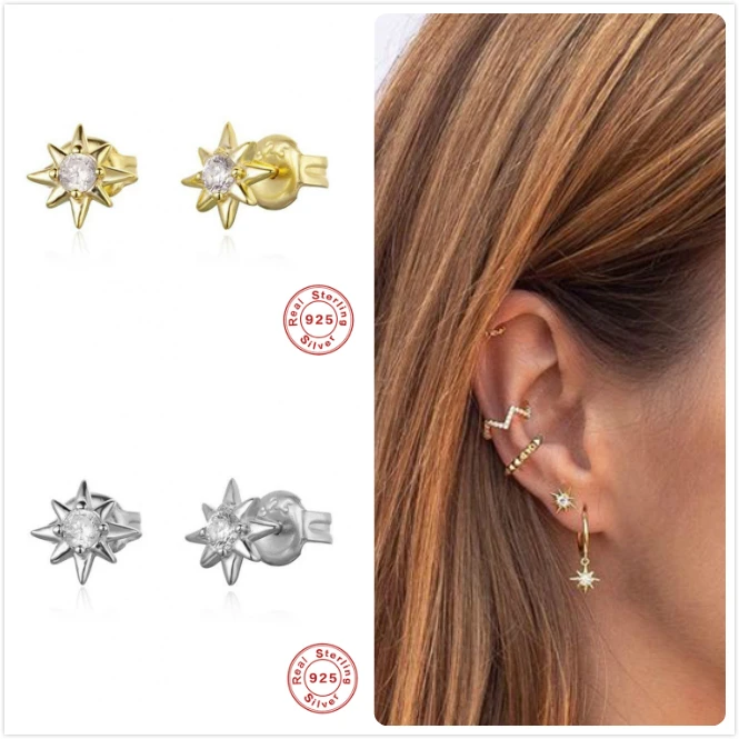 Настоящее серебро 925 серьги для женщин Золотые с цирконием в форме звезды девушек