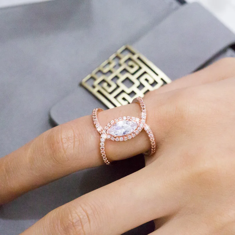 

UILZ Classic Creative Double C Shape Micro Pave AAA White Cubic Zirconia Rings for Women Wedding Engagement Jewelry URL1249