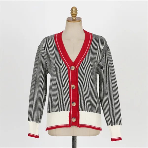 RUGOD вязаный кардиган контрастного цвета, свитер в полоску больших размеров, женские свитера, Зимние Топы для женщин, вязаная одежда Kpop - Цвет: Черный