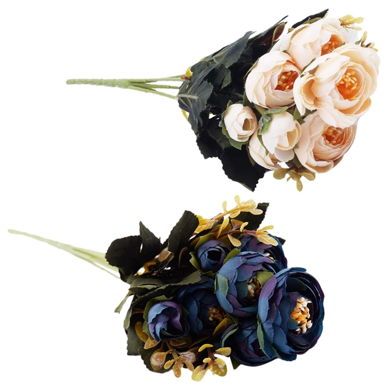 

2 Set 1 Bouquet 9 Head Artificial Silk Cloth Fake Flowers Leaf Peony Floral Home Wedding Party Decor, 1 Set Beige & 1 Set Blue