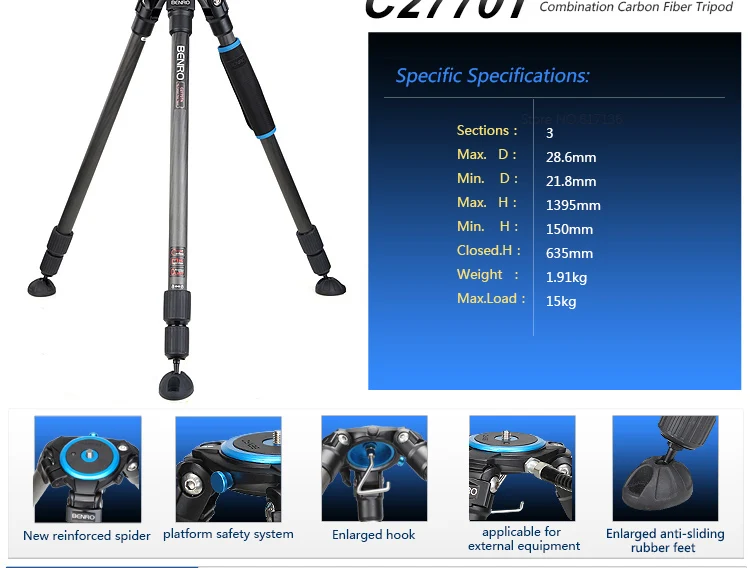 Benro C2770TN штатив комбинированные Углеродные волоконные штативы без головки 3 секции Максимальная загрузка 15 кг DHL
