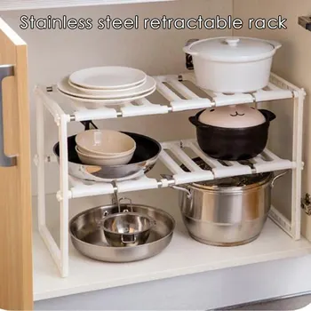

Stainless Steel Floor Type Holder Adjustable Extendable Double Layer Dishes Storage Rack Kitchen Under Sink Multifunction Shelf#