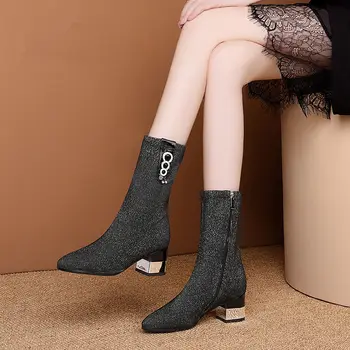 

Elastic Boots Woman MID Heels Sock Boots Women Booties Autumn/Winter Shoes Pointed toe Rhinestone 2020 Female Footware BLACK