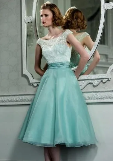 Vestidos, платья подружек невесты длиной до середины икры,, Винтажный кружевной топ с рукавами-крылышками, мятно-зеленый гофрированный органза, ТРАПЕЦИЕВИДНОЕ ПЛАТЬЕ подружки невесты