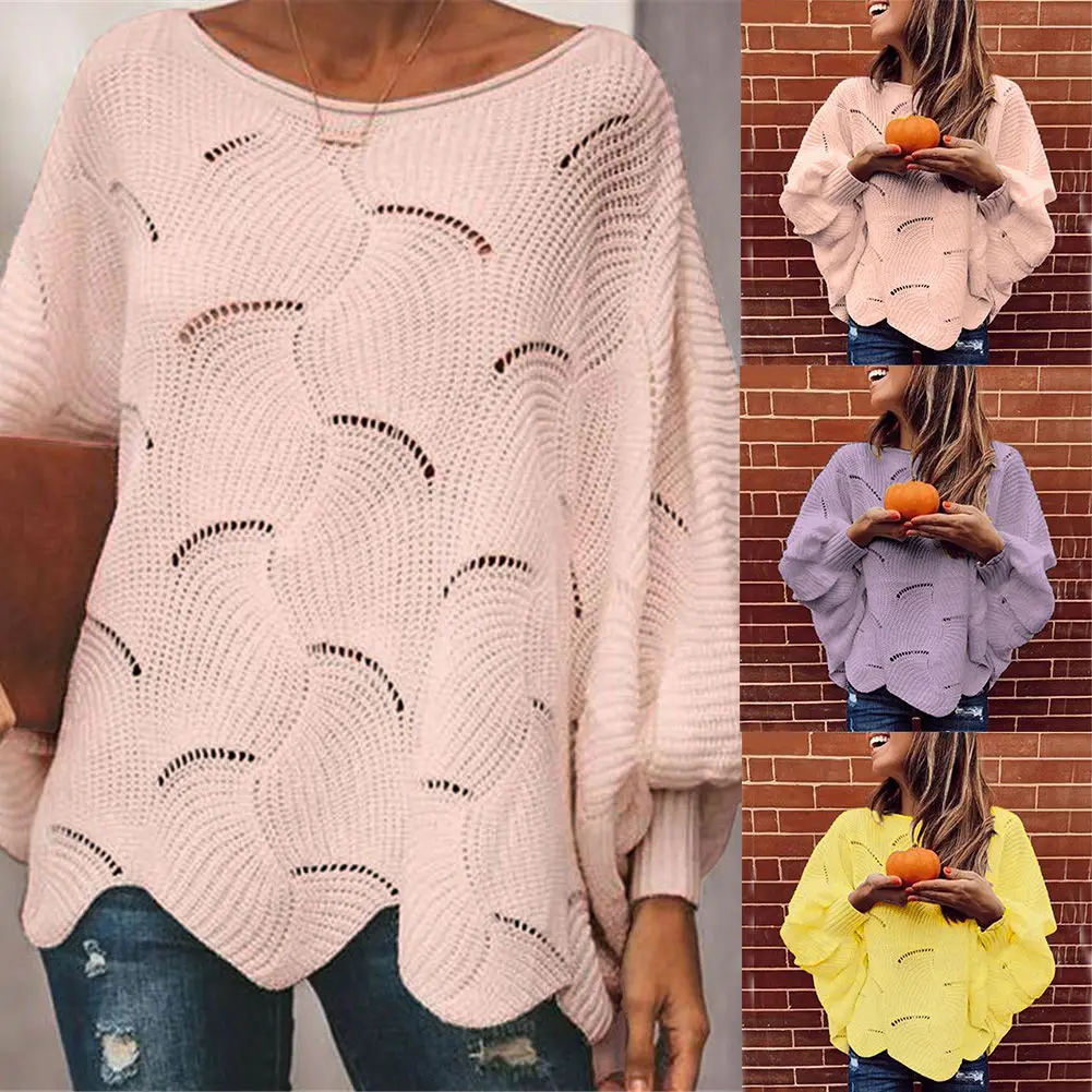 

Women Knitting Shirt Sweater Casual Loose Round Neck Bat Sleeve Tops Autumn TH36