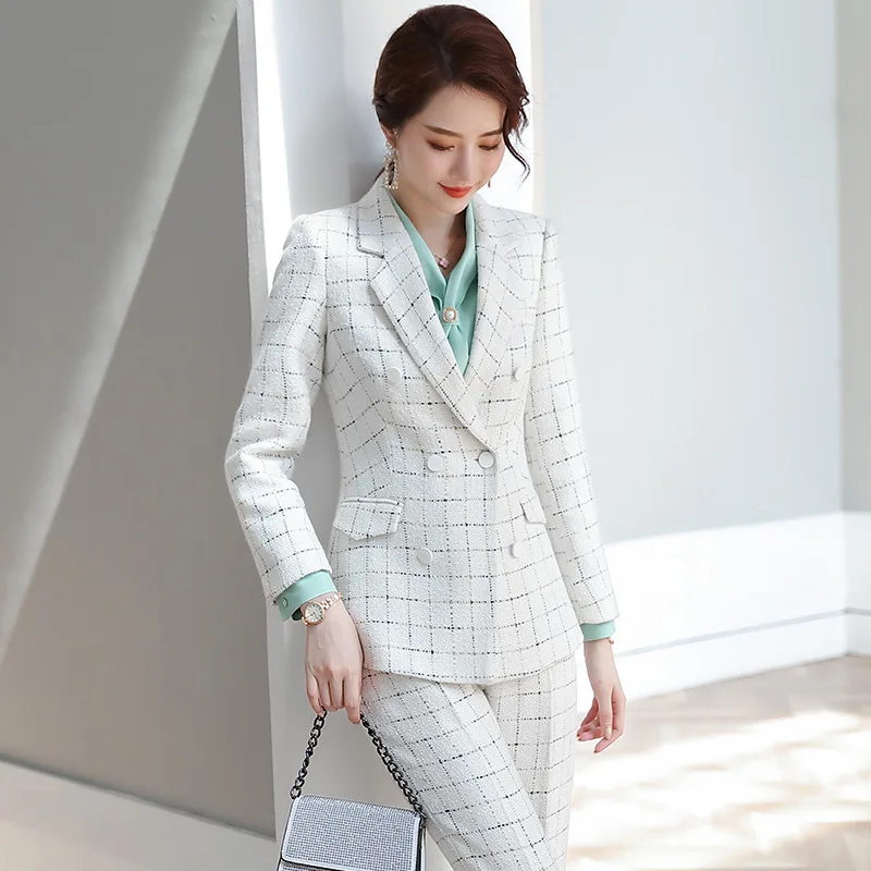 

Autumn women's Weave Tweed suit jacket And pants 2 pieces women pant suits formal work plaid blazer set Office lady suits set