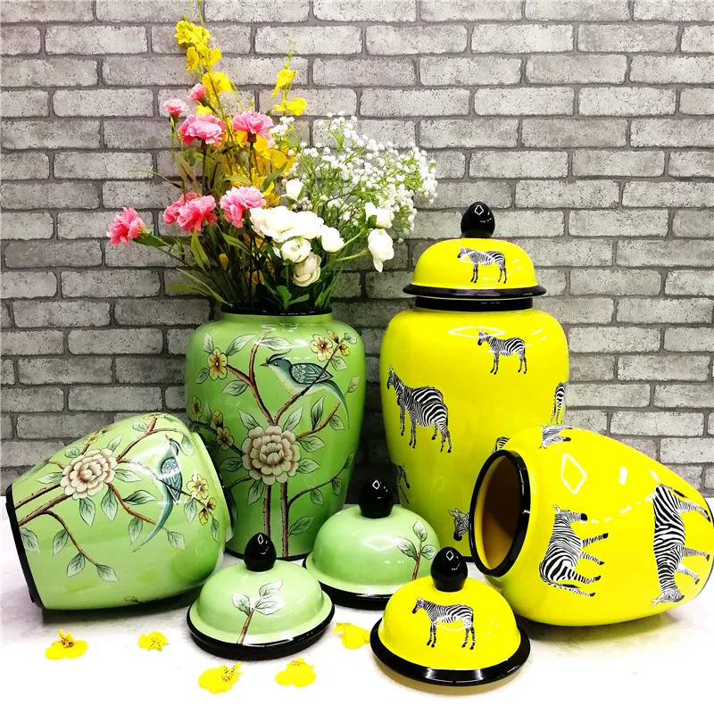 American Country Ceramic Flower, Bird And Zebra Storage Tank With Lid For Home Decoration