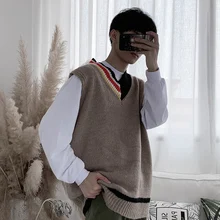 Осень загруженный японский ленивый v-образным вырезом без рукавов вязаный модный жилет для мужчин и женщин