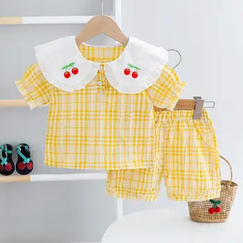 

2020 Summer Girl's Sets Baby Plaid Cherry Shirt and Shorts