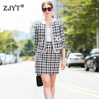

High Quality Designer Fall Winter Runway Suit Set Women 2019 New Fashion Plaid Short Woolen Jacket and Skirt 2Piece Sets Outfit