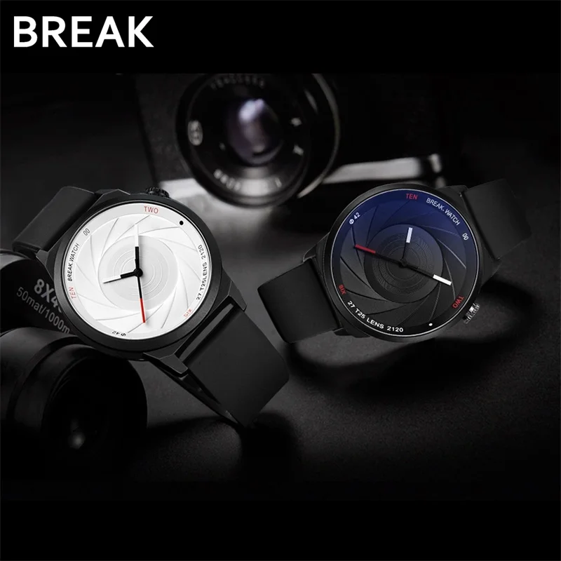 Baratos Romper la serie creativa única del fotógrafo del estilo de la Cámara de los hombres de las mujeres Casual del cuarzo del deporte del reloj de pulsera de la correa del acero